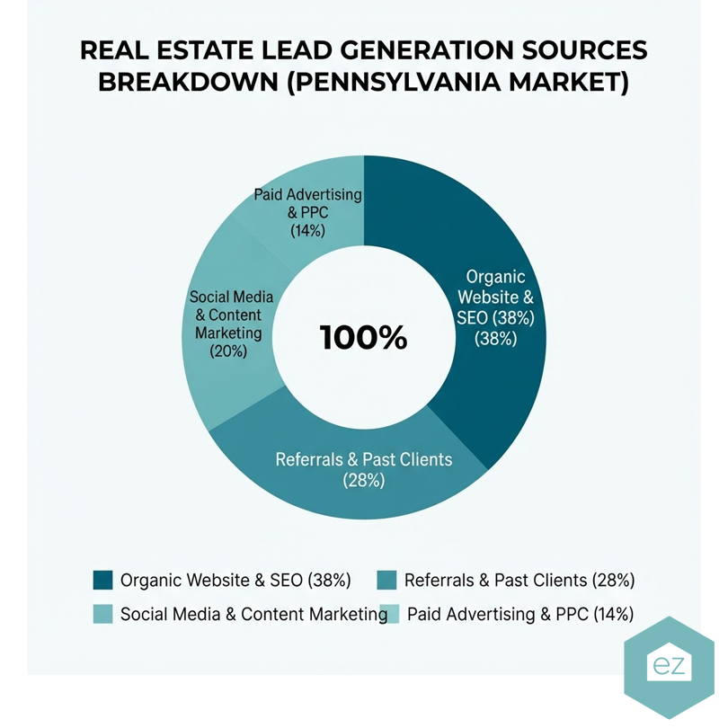 Donut chart showing Pennsylvania real estate leads by source: Organic Website & SEO (38%), Referrals & Past Clients (28%), Social Media & Content Marketing (20%), and Paid Advertising & PPC (14%).