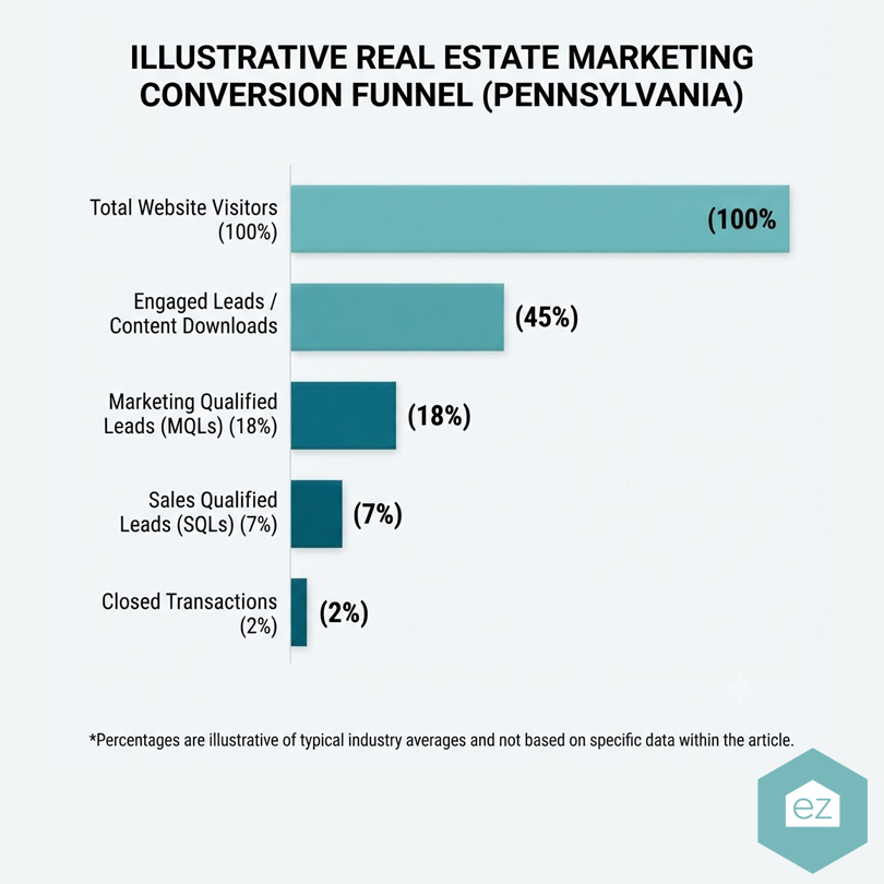 Horizontal bar chart showing a Pennsylvania real estate leads conversion funnel, ranging from 100% of website visitors down to 2% of closed transactions.