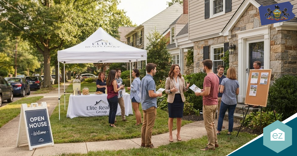 A group of people talking at an Elite Realty Group open house for Pennsylvania real estate leads in front of a suburban home.