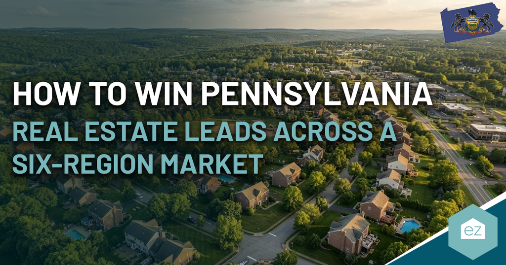 Aerial view of a residential neighborhood with text on how to win Pennsylvania real estate leads across a six-region market.