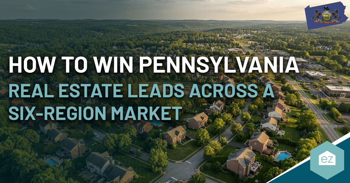 Aerial view of a residential neighborhood with text on how to win Pennsylvania real estate leads across a six-region market.