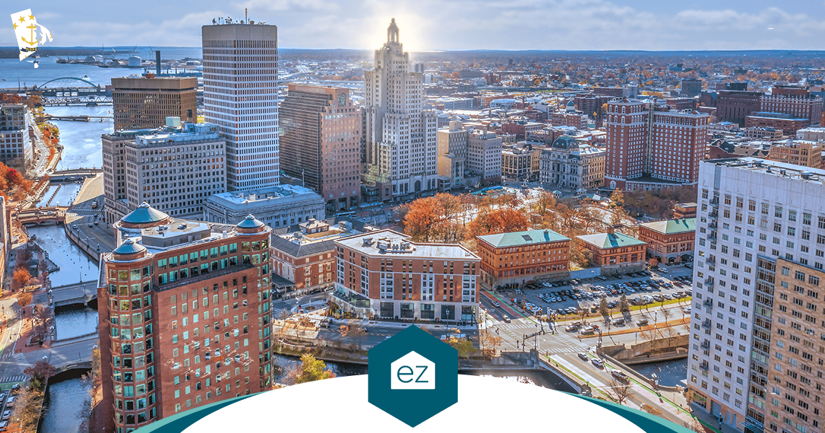 Aerial view of downtown Providence, Rhode Island, showing office buildings, the river and bridges in autumn