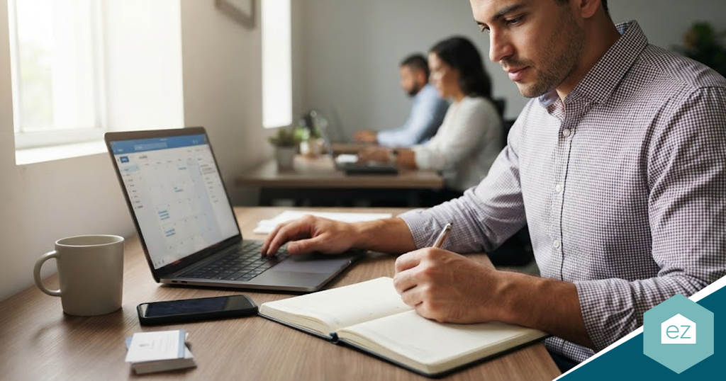 Man in a button-down shirt types on a laptop, generating Puerto Rico real estate leads, and writes in a notebook at a shared desk with two others working in the background.