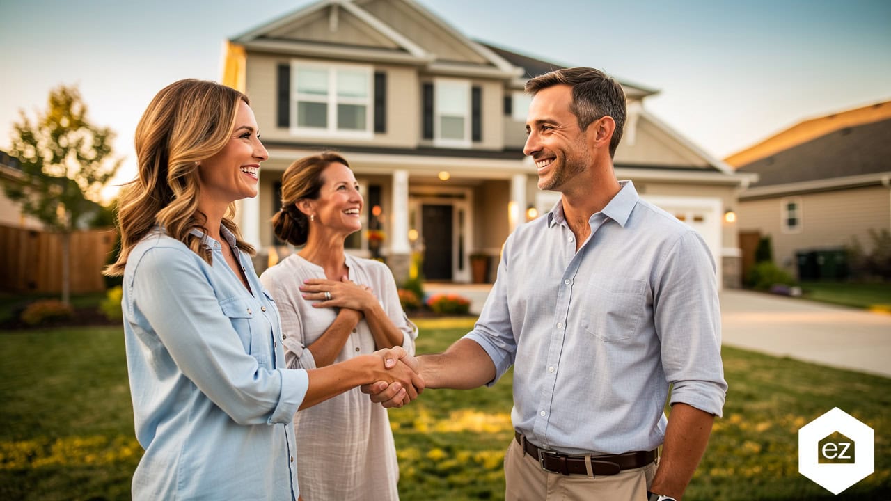 Real estate agent greeting satisfied home buyers