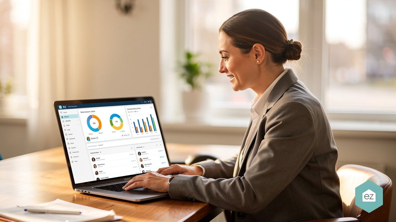 A woman in a suit sits at a desk using a laptop displaying colorful charts and graphs in a bright office setting.