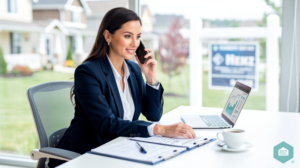 A woman in business attire talks on the phone at a desk with a laptop, clipboard, and coffee, with houses and a real estate sign visible outside the window.