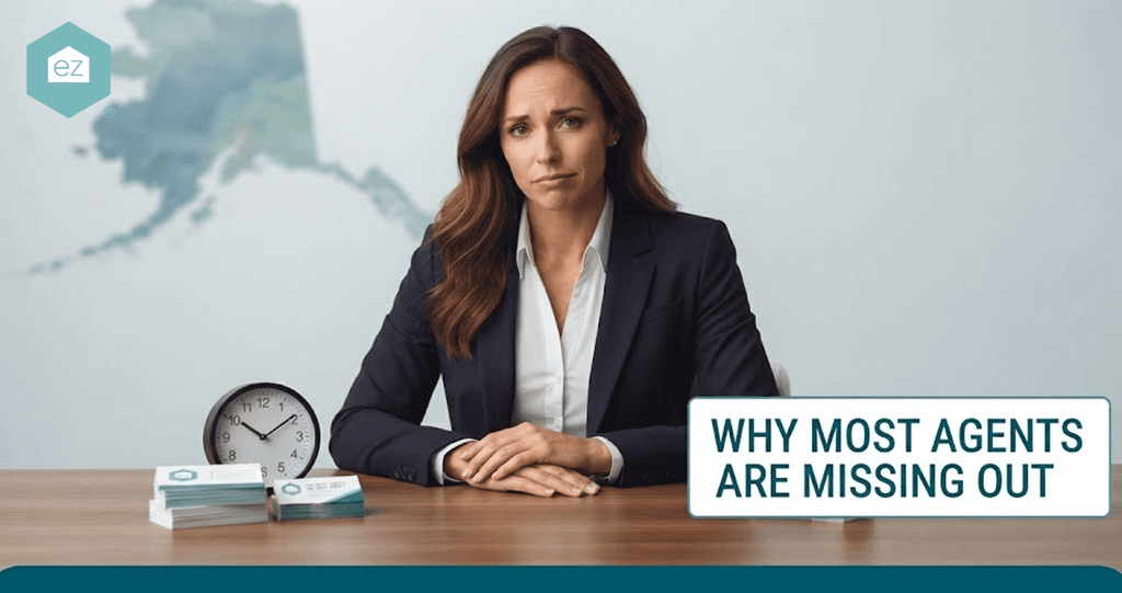 A woman in a suit sits at a desk with business cards and a clock, looking concerned. Text reads, “Why most agents are missing out.” A map is visible in the background, hinting at the challenge of finding quality Alaska real estate leads.