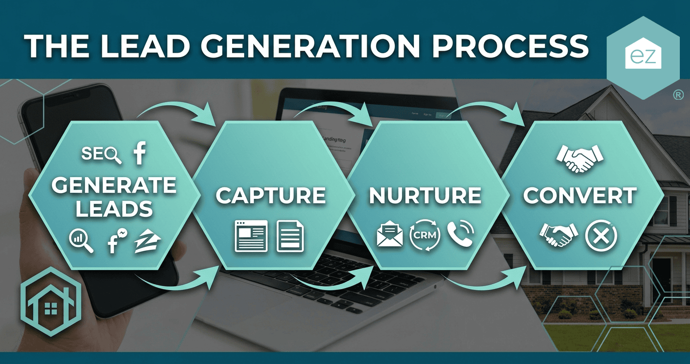 Infographic showing four stages: Generate Leads, Capture, Nurture, Convert. Each stage is represented with icons and arrows connecting them, with a house image in the background—ideal for illustrating the journey of real estate leads in Alabama.
