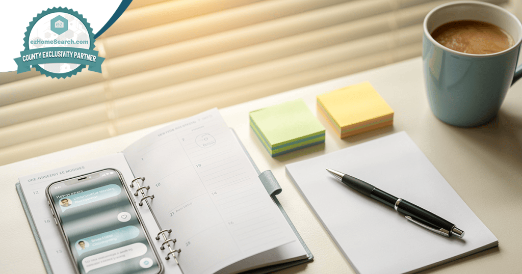An open planner, smartphone, sticky notes, pen, notepad, and a cup of coffee on a white desk near window blinds—an ideal setup for tackling tasks like what is database reactivation in real estate.