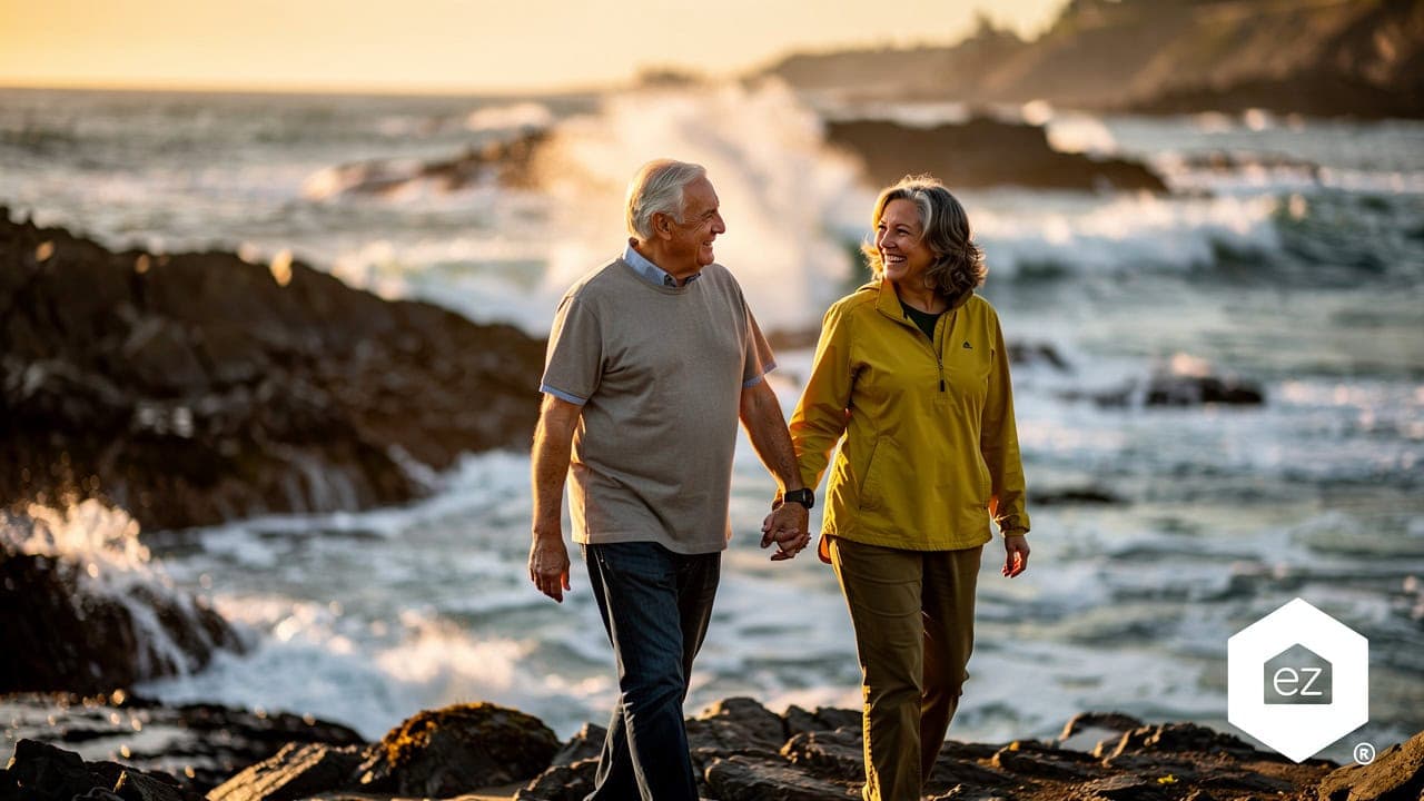 An older couple walking a rocky Oregon Coast shoreline at sunset