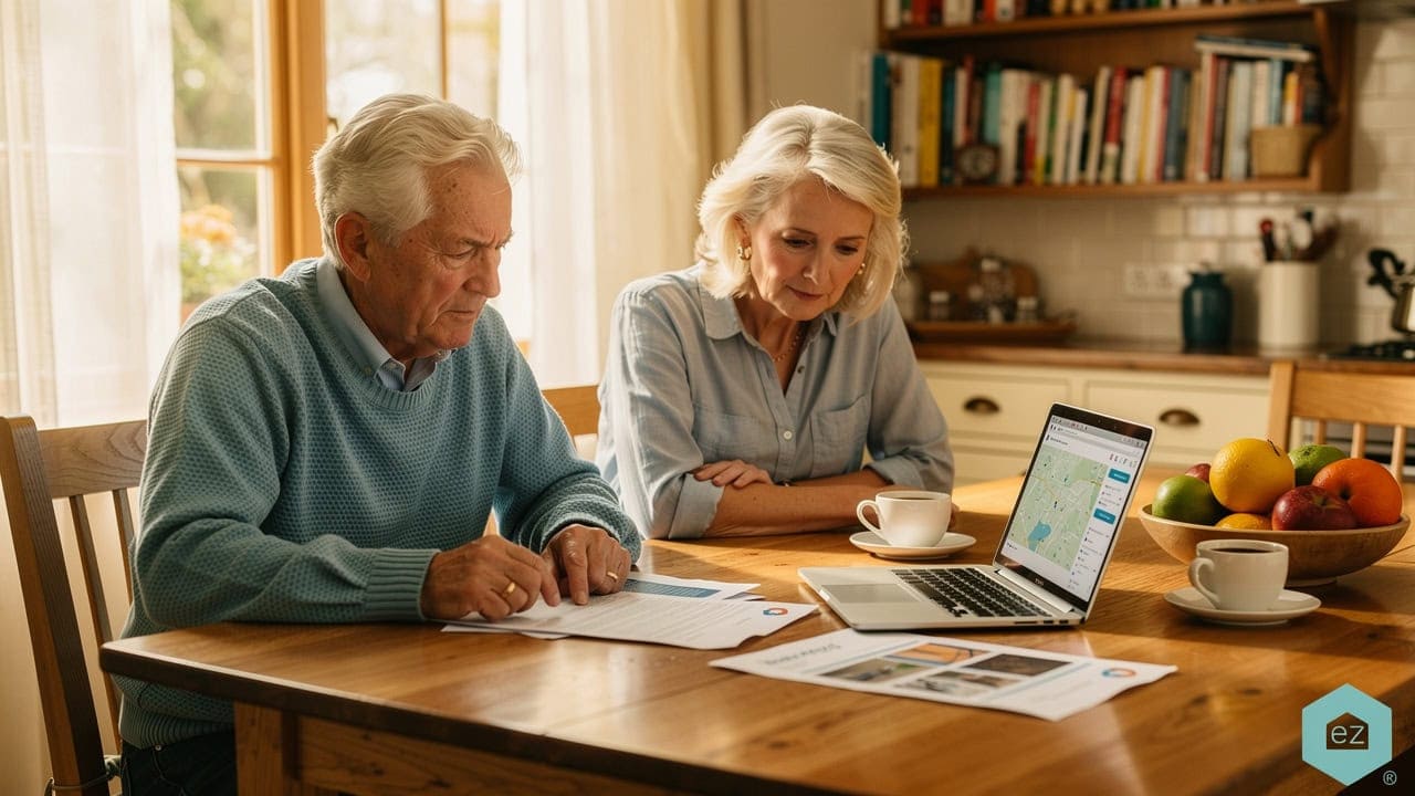 Older Ohio couple reviewing home paperwork and a laptop together at a sunlit kitchen table