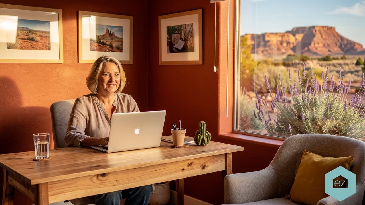 Remote worker at a home office desk with a New Mexico desert view through the window