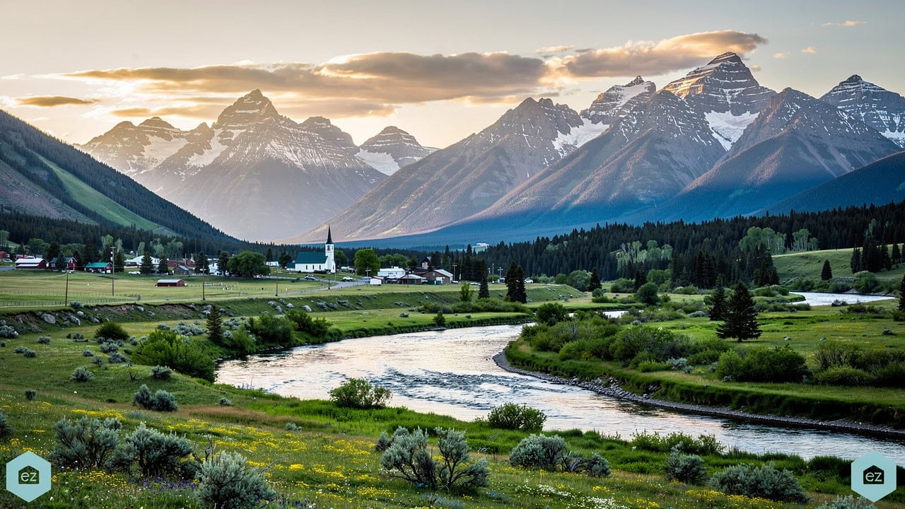 A Montana river valley at golden hour with a small village, wildflowers, and snow-capped mountains