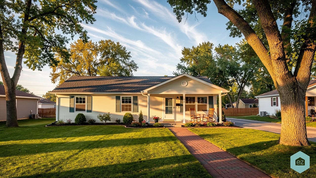 Single-story Nebraska ranch home with a covered front porch and autumn landscaping