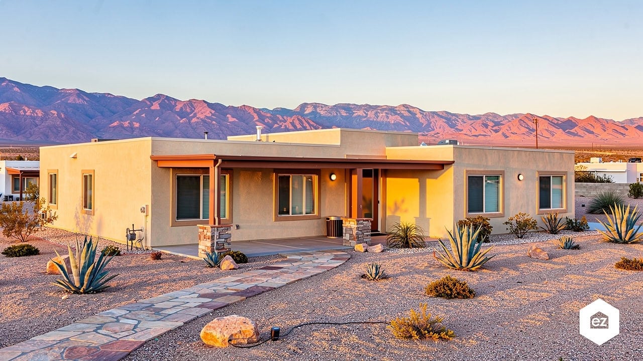 A modern single-story desert home in Nevada at golden hour