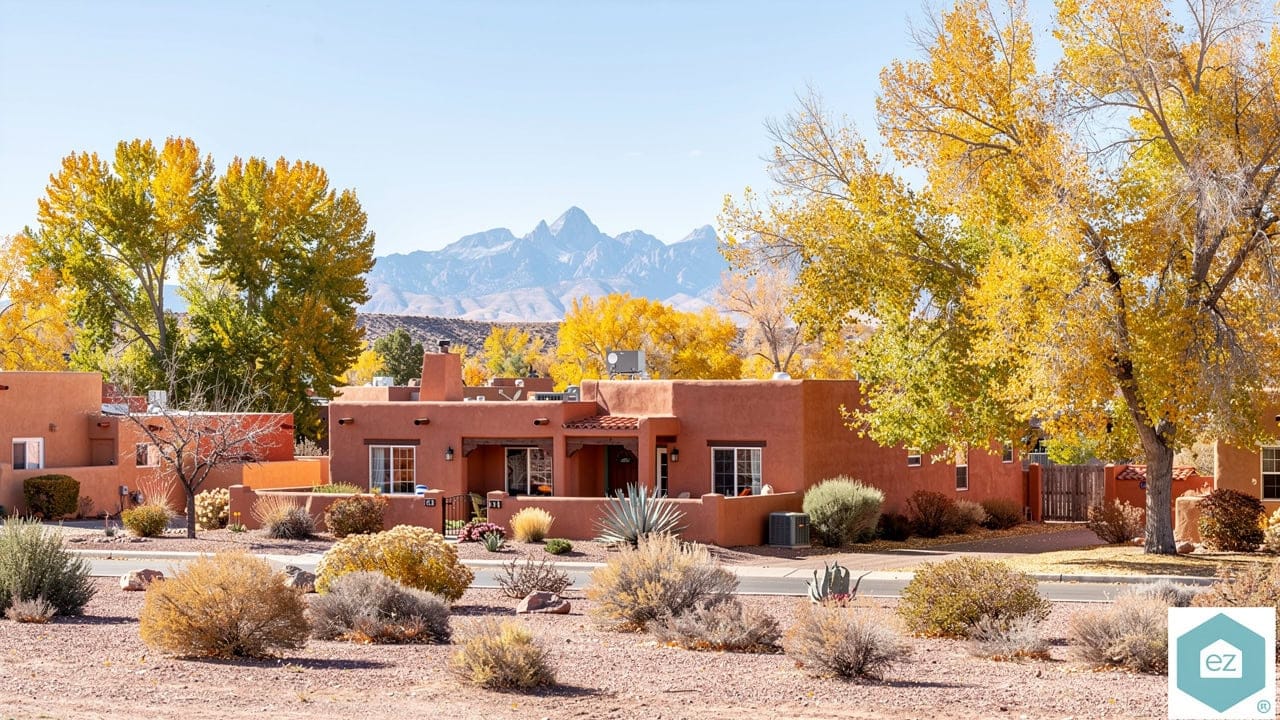 Adobe-style single-story New Mexico home with flat roofs and mountain views