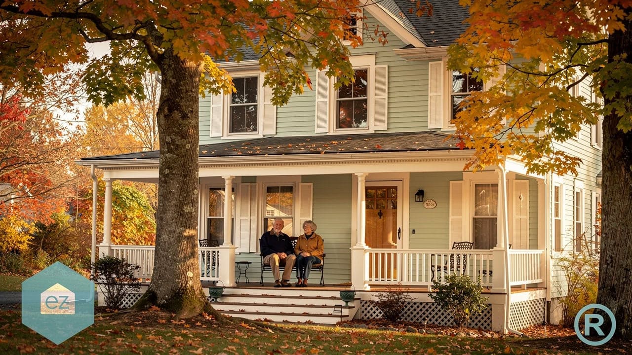 Two homeowners on the front porch of a light blue two-story New York home surrounded by autumn trees