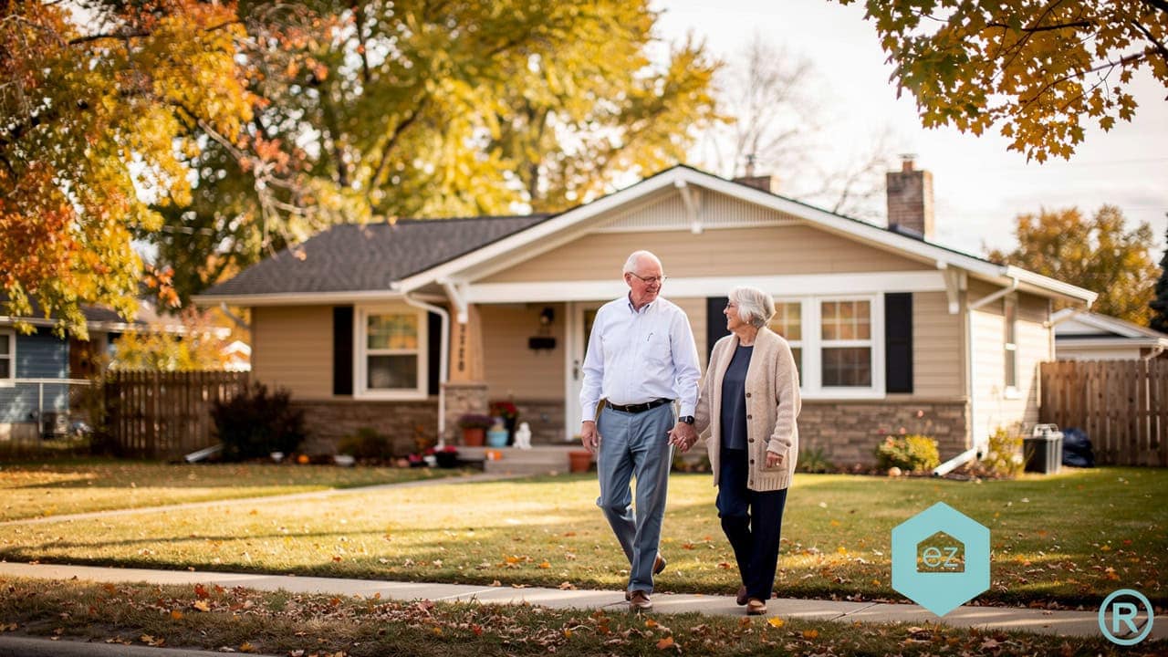 An older couple walking past a single-story home on a North Dakota street in autumn