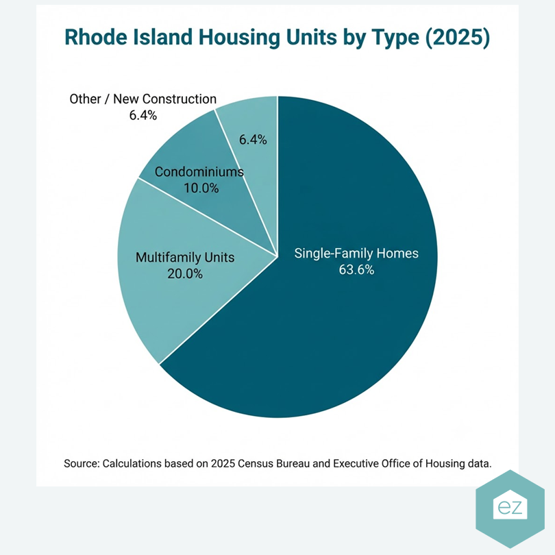 Pie chart of Rhode Island housing units by type, including single-family homes (63.6%), multifamily (20.0%), condos (10.0%), and new construction, a key focus for Rhode Island real estate leads.