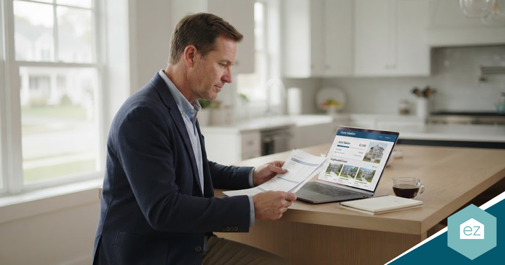 A man in a blazer sits at a kitchen island reviewing documents while researching Rhode Island real estate leads on his laptop.