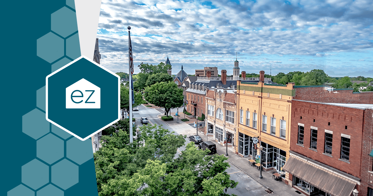 Aerial view of downtown Rock Hill, South Carolina main street and historic brick buildings