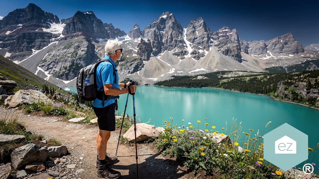 Hiker on a mountain trail above a turquoise alpine lake in Glacier National Park, Montana