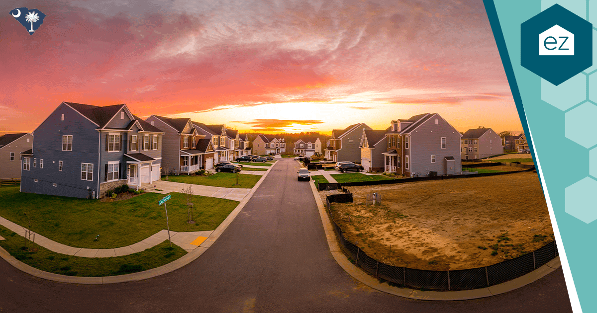 Suburban homes at sunset in a Columbia, South Carolina neighborhood