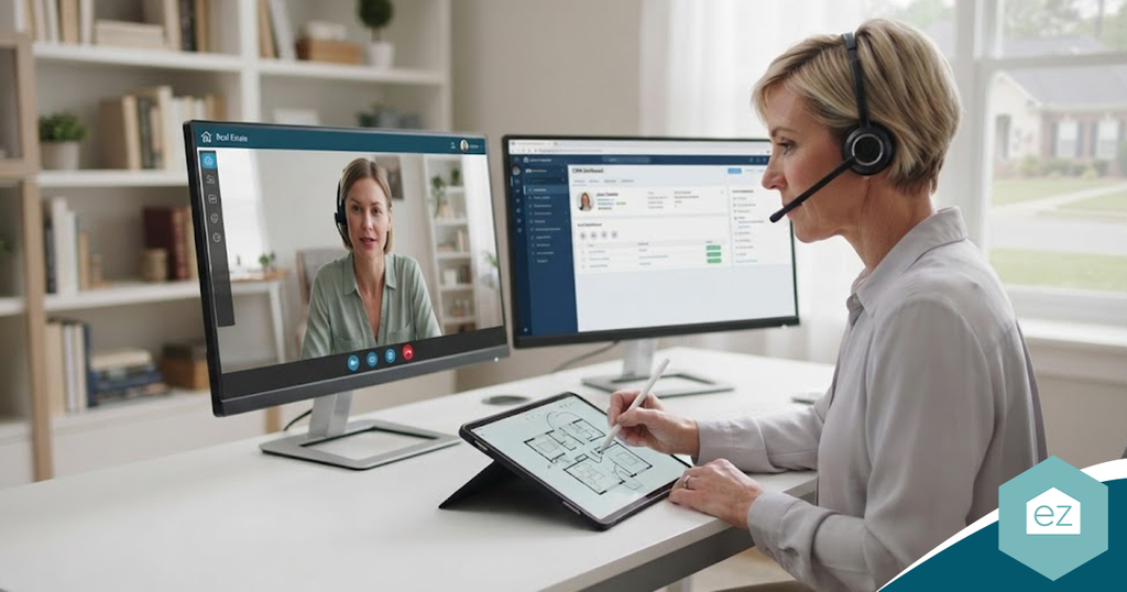 A woman wearing a headset participates in a video call on her computer while using a digital pen to mark up architectural floor plans for South Carolina real estate leads on a tablet.