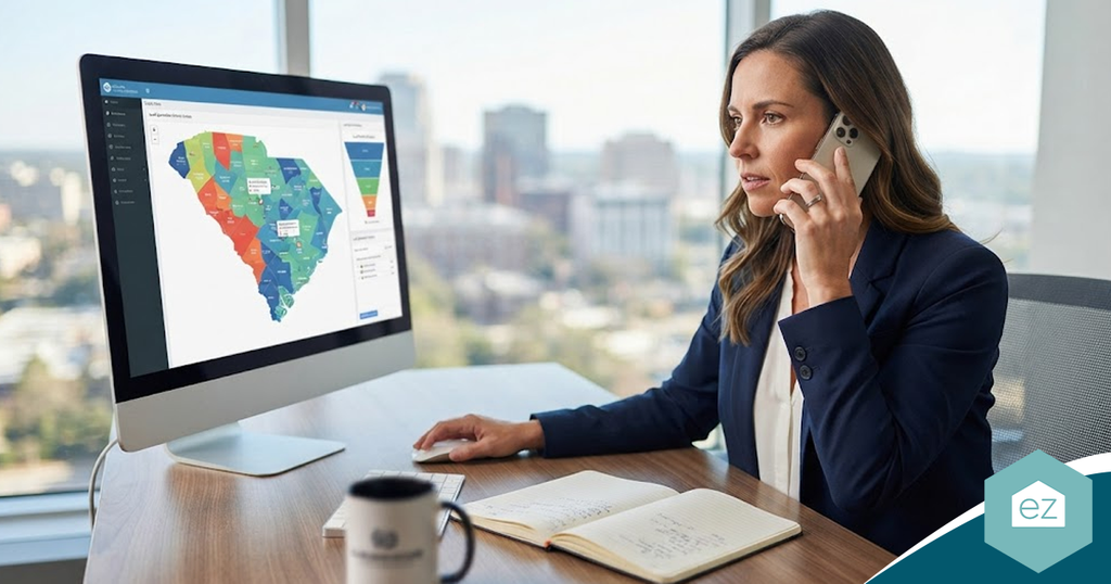 A woman in a blazer talks on her phone at a desk while looking at a computer screen displaying South Carolina real estate leads on a map.