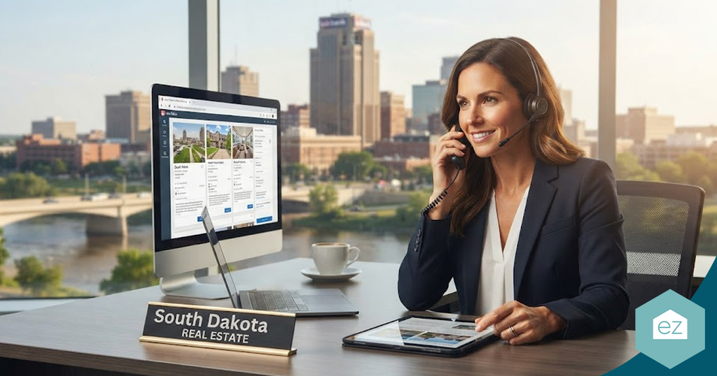A real estate agent wearing a headset sits at a desk with a computer and tablet, managing South Dakota real estate leads in front of a city skyline.