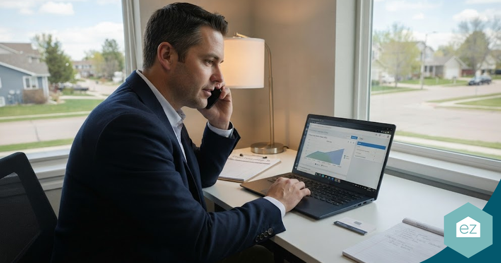 A man in a suit works on South Dakota real estate leads at a laptop displaying a business chart while talking on his phone at a desk by a window.