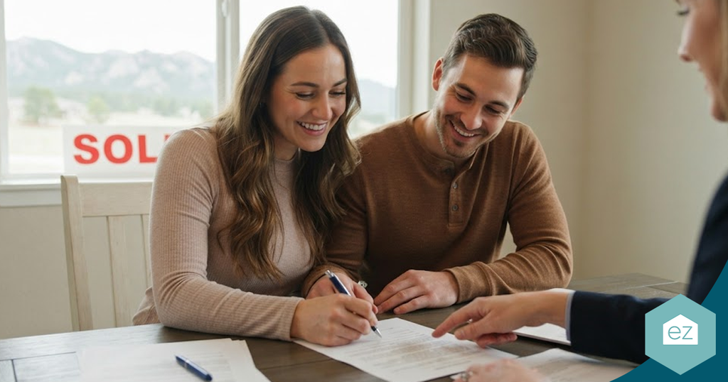 A smiling couple sits at a table signing South Dakota real estate leads documents with a professional, while a “SOLD” sign is visible through the window behind them.