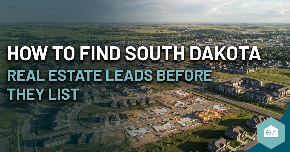 Aerial view of a residential development with text on how to find South Dakota real estate leads before they list.