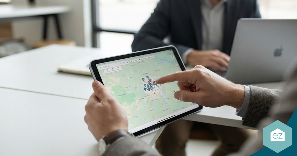A person using their finger to review South Dakota real estate leads on a digital map on a tablet, with another person working on a laptop in the background.