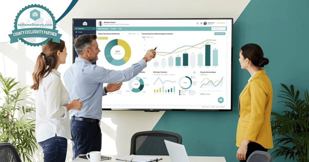 Three people in business attire review charts and graphs on a large screen during a meeting in a modern office, discussing strategies such as what is database reactivation in real estate to optimize their client outreach.