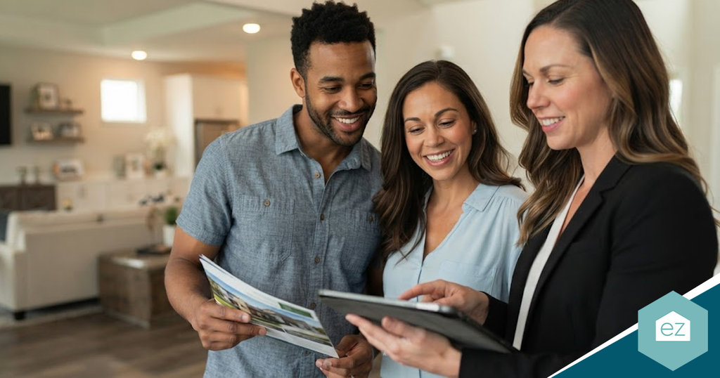 A real estate agent shows a digital tablet to a smiling couple holding a Tennessee real estate leads brochure in a home.