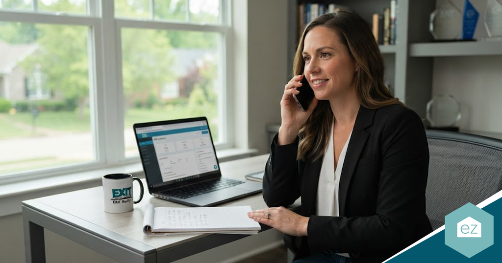 A woman in a blazer talks on her phone at a desk with an open laptop, a notebook, and a mug while working on Tennessee real estate leads.