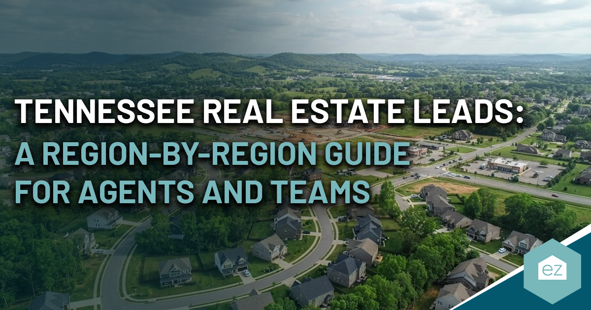 Aerial view of a residential neighborhood with text overlay: Tennessee real estate leads: a region-by-region guide for agents and teams.