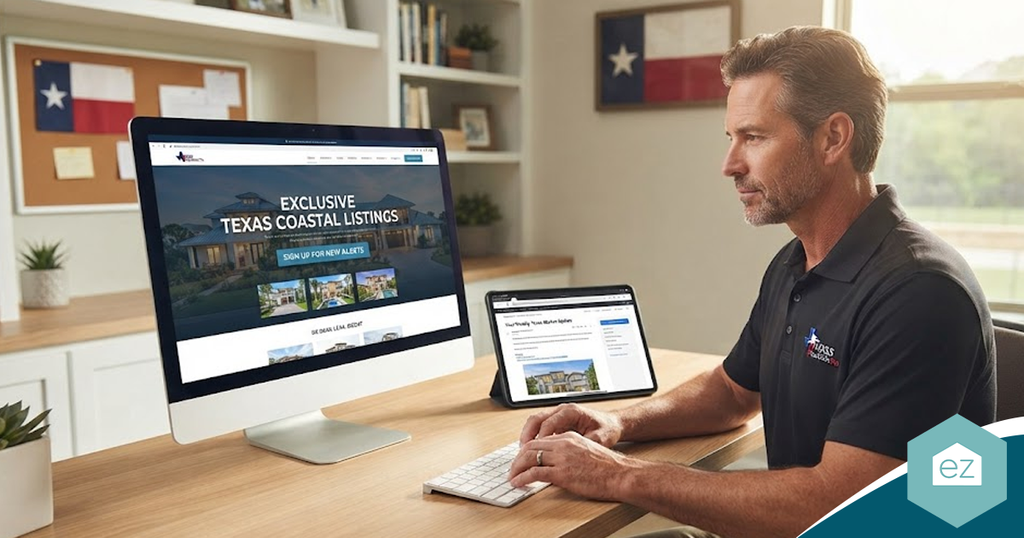 A man in a polo shirt sits at a desk, looking at a computer screen displaying Texas real estate leads for coastal listings.