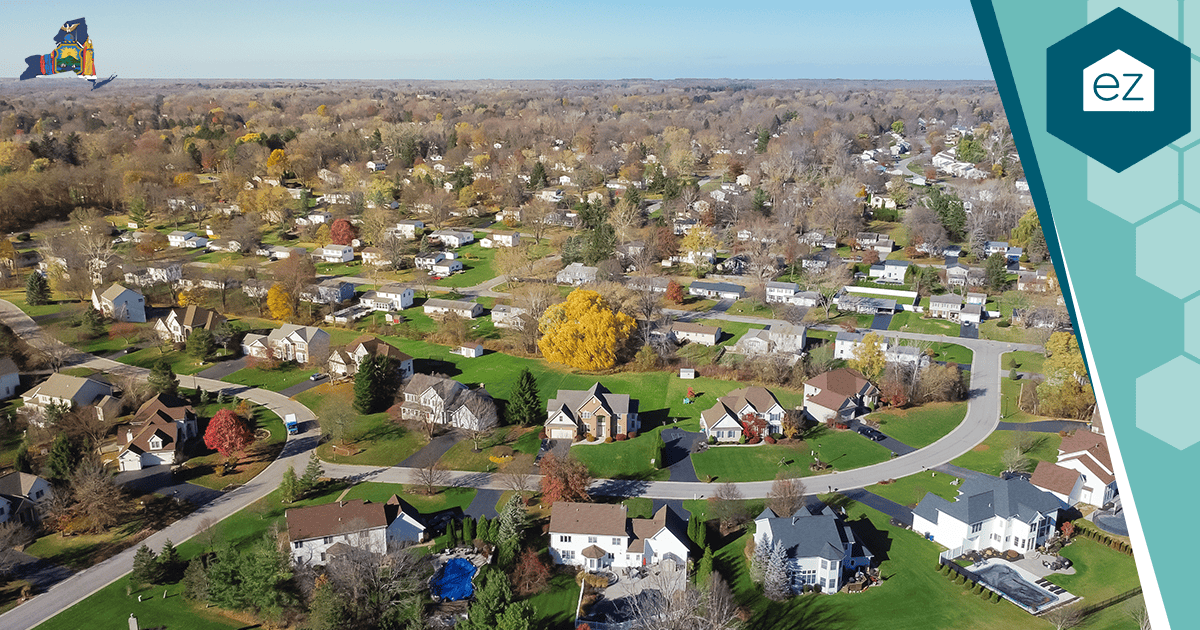 Aerial view of an upstate New York suburban neighborhood in autumn, where most of the state's owner base sits