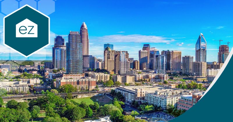 Aerial view of Uptown Charlotte, North Carolina, the center of the 16-county Charlotte real estate region