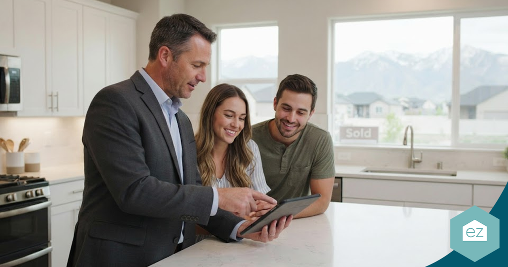 A real estate agent discusses Utah real estate leads with a couple in a kitchen as a “Sold” sign is visible through the window.