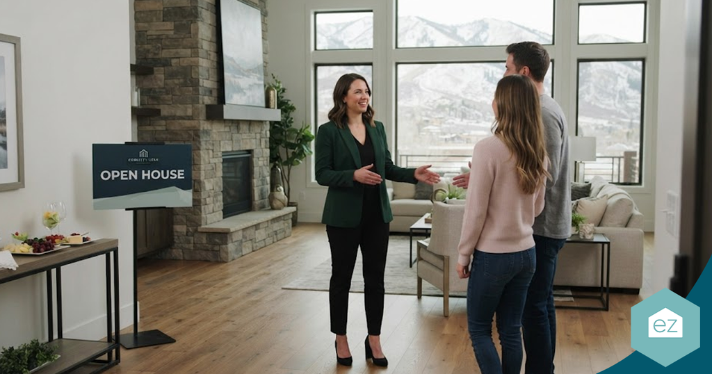 A real estate agent welcomes a couple to a Utah real estate open house in a living room with mountain views.