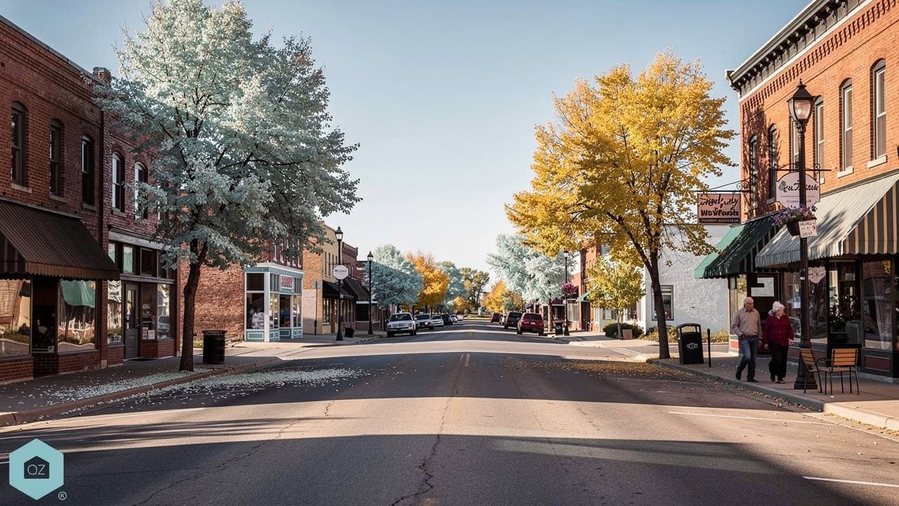 Autumn main street in Valley City, North Dakota, lined with brick buildings