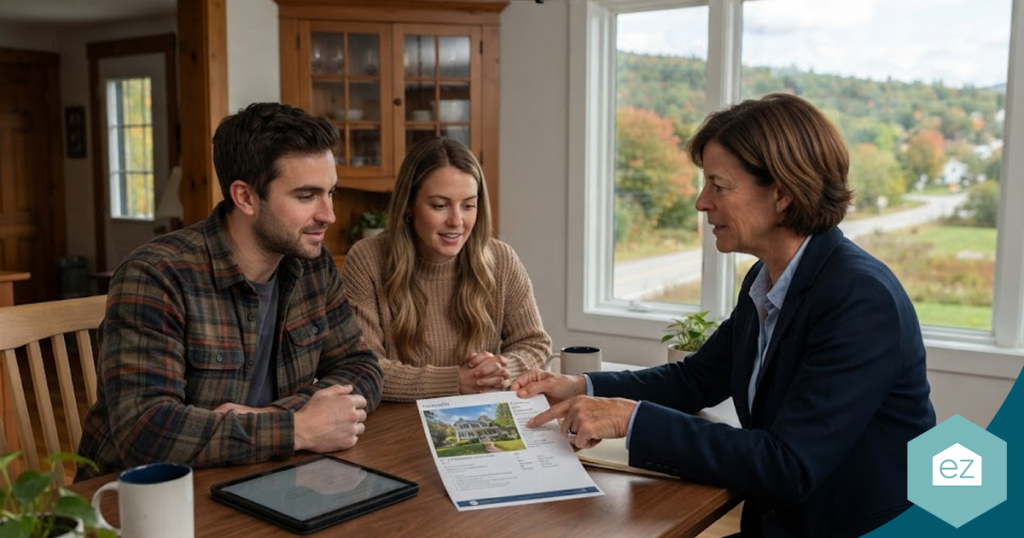 A real estate agent reviews Vermont real estate leads while pointing to a house listing for a couple at a dining table.