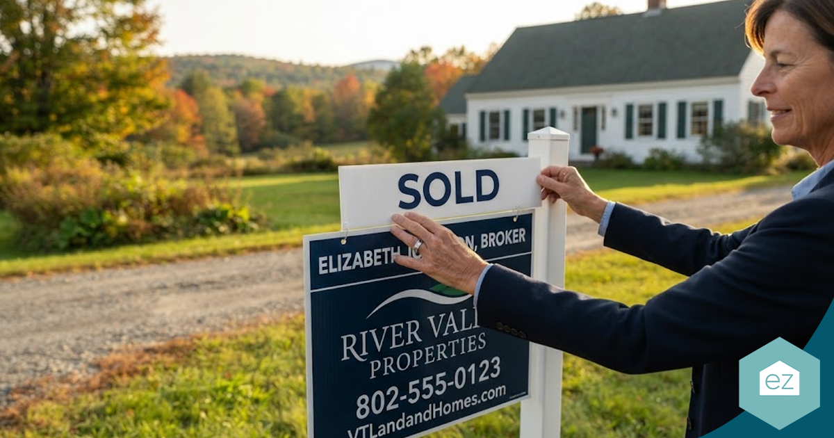 A real estate agent attaches a “SOLD” sign to a River Valley Properties yard sign in front of a house, representing successful Vermont real estate leads.