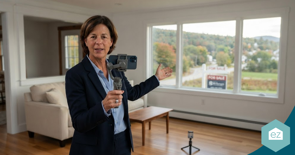 A real estate agent uses a gimbal-mounted smartphone to capture Vermont real estate leads while gesturing toward a “For Sale” sign visible through a large window.