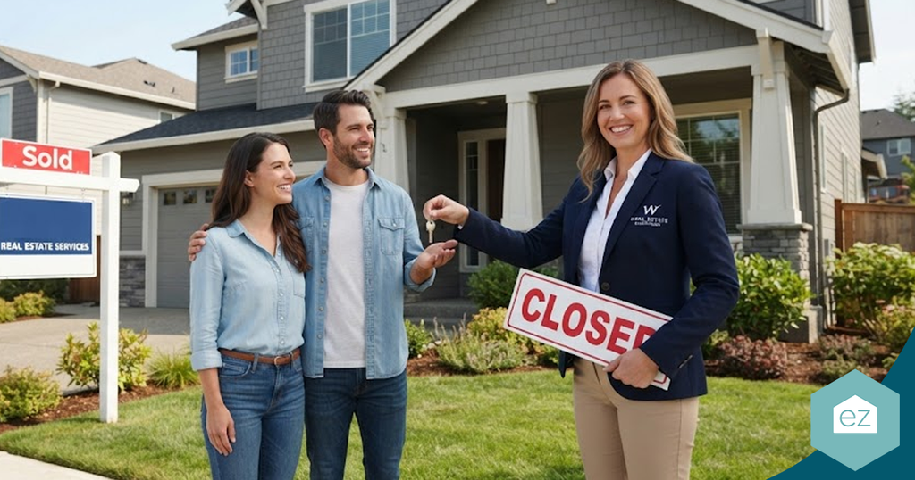 A real estate agent hands a house key to a couple standing in front of a new home with a “Sold” sign, representative of successful Washington real estate leads.