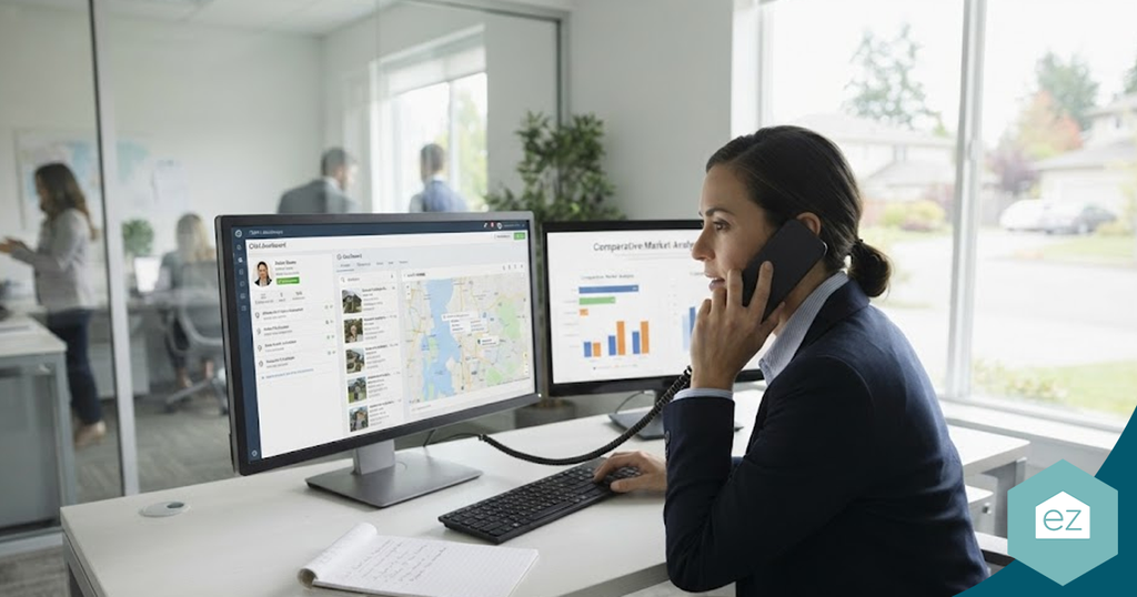 A woman in a blazer talks on a desk phone while managing Washington real estate leads on dual office monitors.