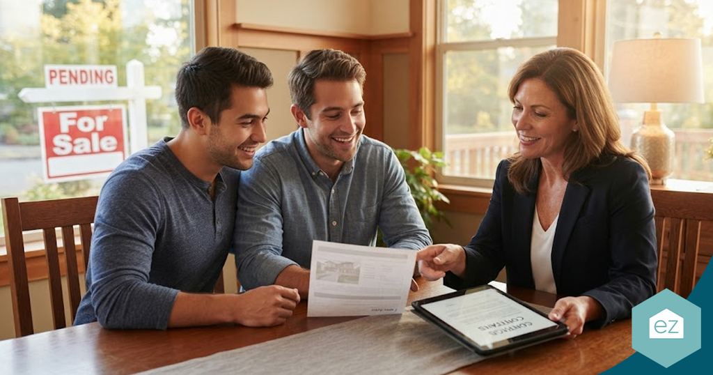 A real estate agent reviews a contract with a couple at a table, with a “For Sale” sign visible through the window, illustrating the process of closing Washington real estate leads.